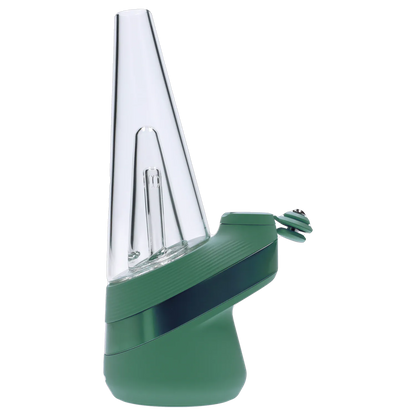 Side profile of the green Puffco New Peak - Pine showing its tall clear glass cone and angled base with a small mouthpiece.