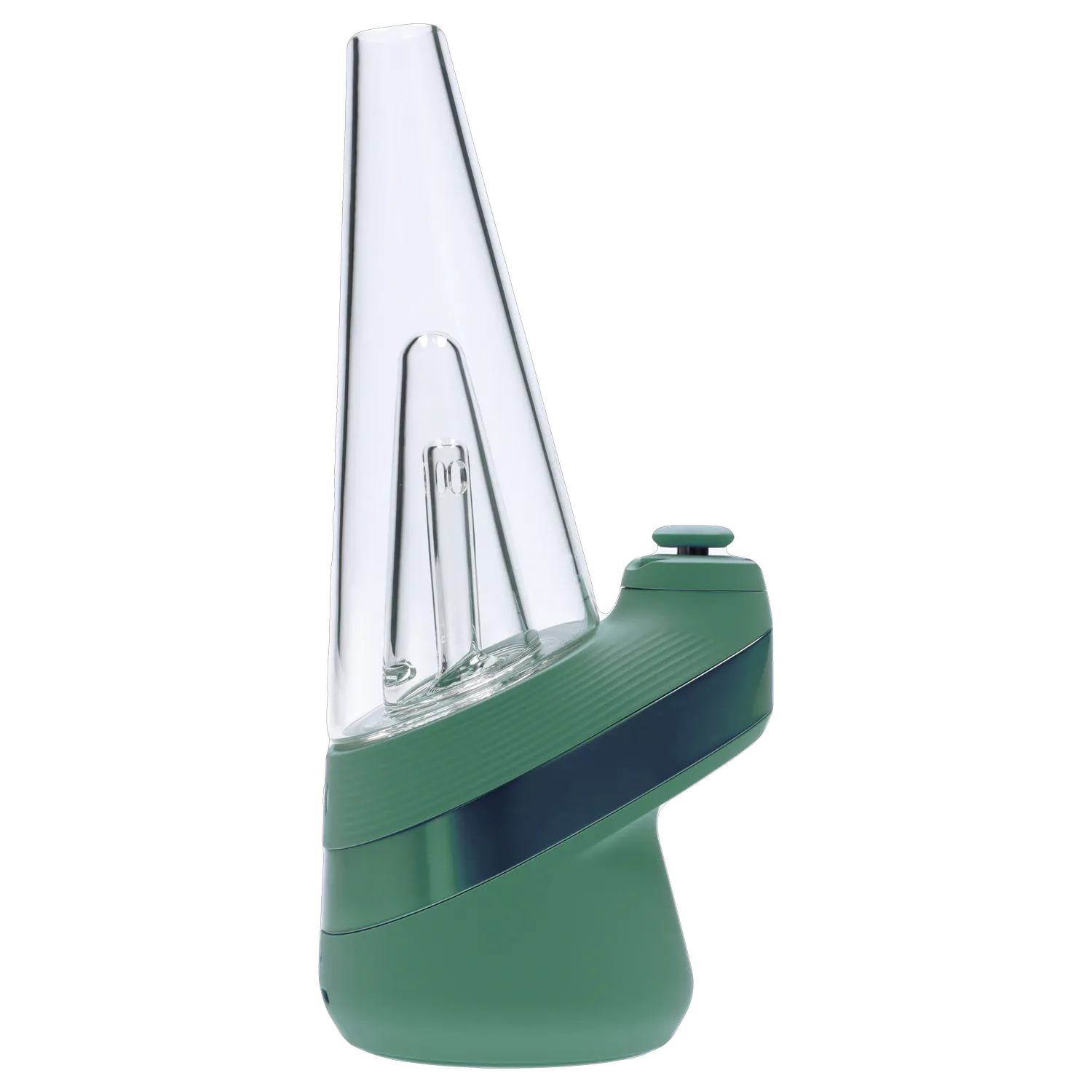 Side profile of the green Puffco New Peak - Pine showing its tall clear conical glass chamber and curved matte base.