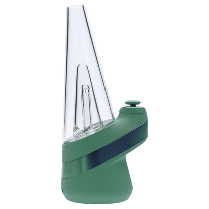 Side profile of the green Puffco New Peak - Pine showing its tall clear conical glass chamber and curved matte base.