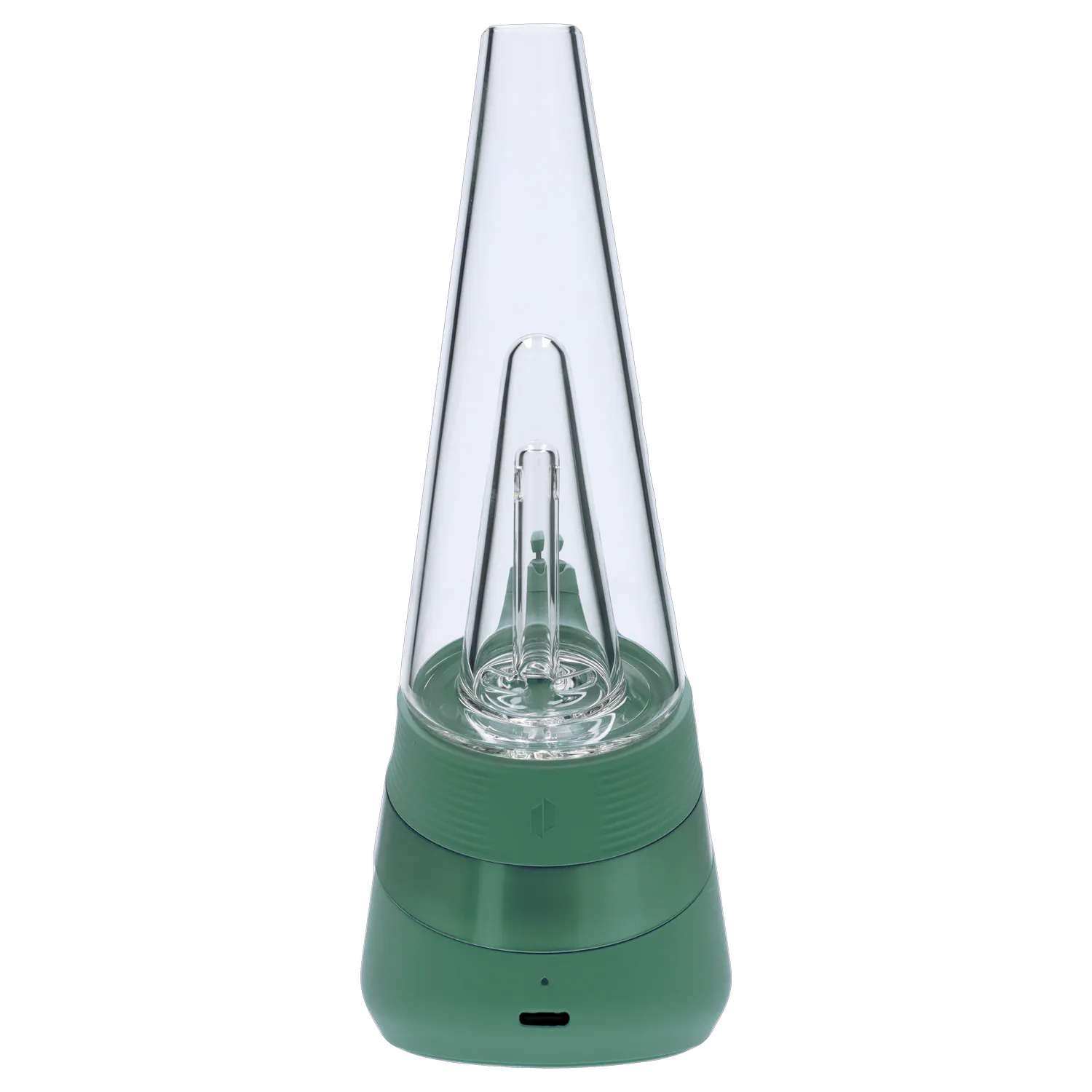 Top-down front view of the green Puffco New Peak - Pine showing its conical glass top and layered green base.