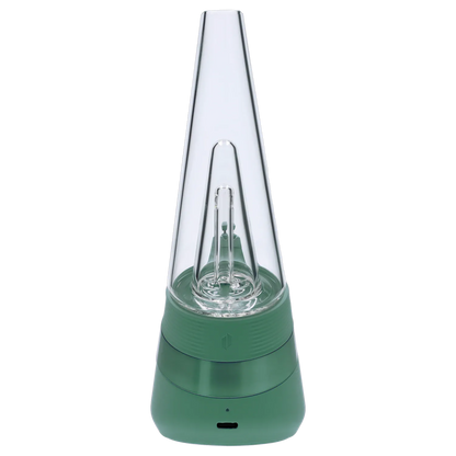 Top-down front view of the green Puffco New Peak - Pine showing its conical glass top and layered green base.