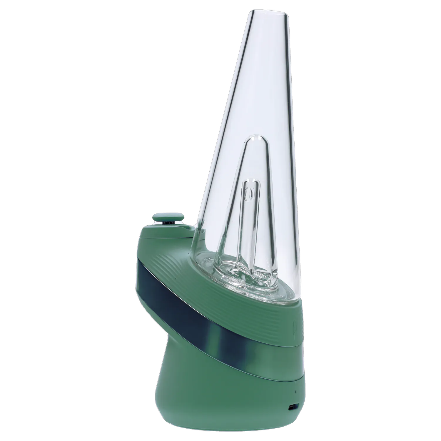 Side view of the green Puffco New Peak - Pine showing its tall clear conical glass chamber and textured base.