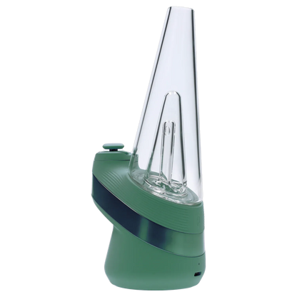 Side view of the green Puffco New Peak - Pine showing its tall clear conical glass chamber and textured base.