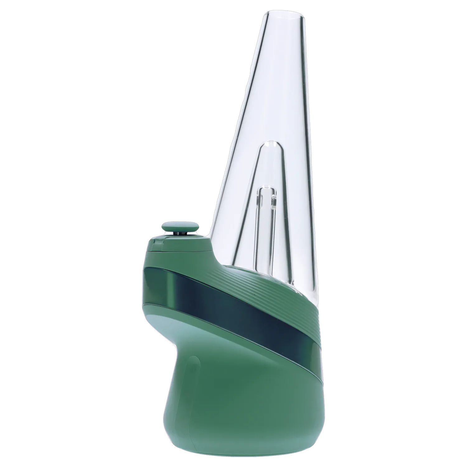 Side profile close-up of the green Puffco New Peak - Pine with its tall clear glass cone and matte textured base.
