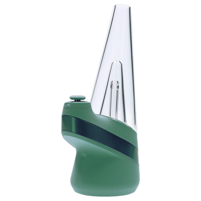 Side profile close-up of the green Puffco New Peak - Pine with its tall clear glass cone and matte textured base.