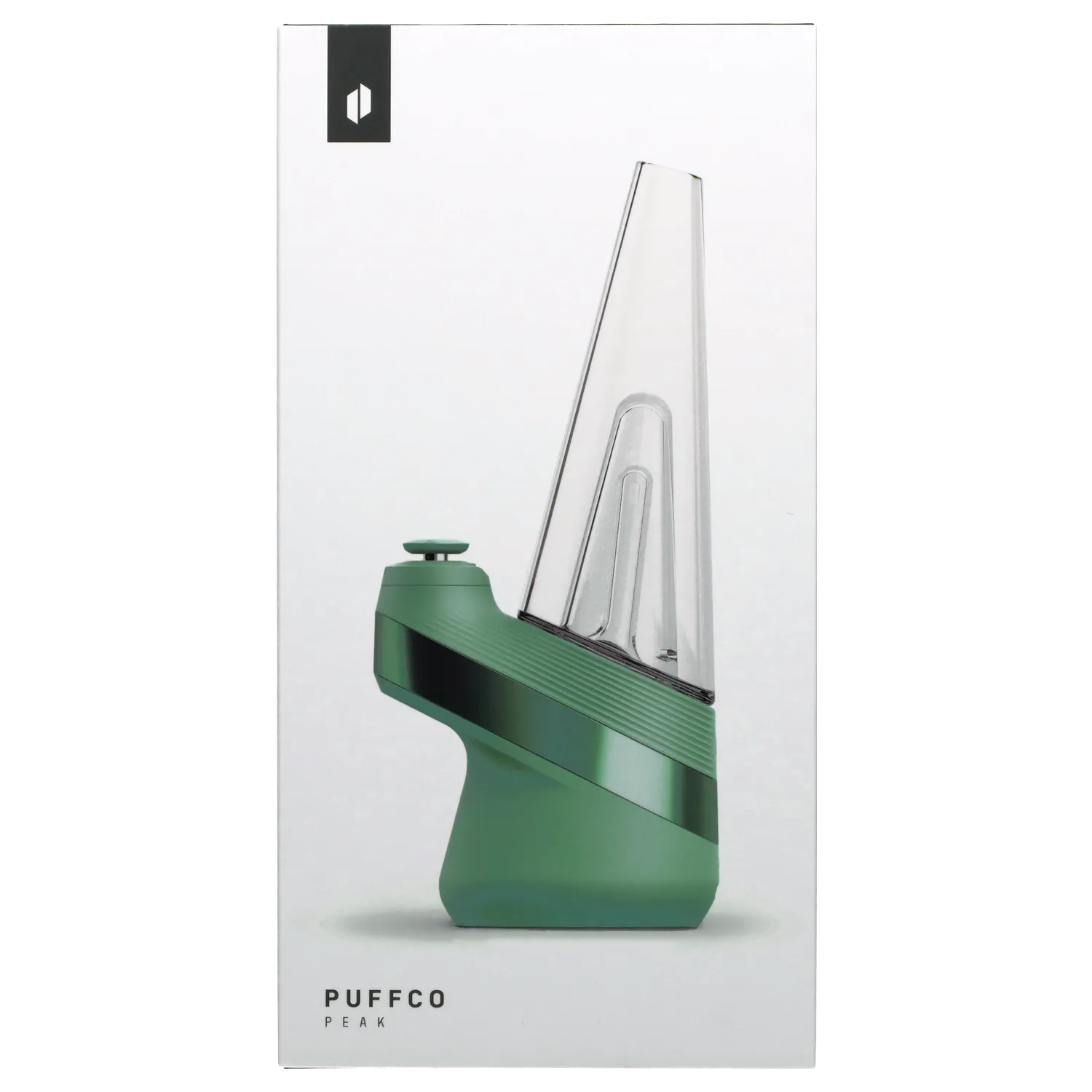 Side profile close-up of the green Puffco New Peak - Pine with its clear angled glass attachment against a white background