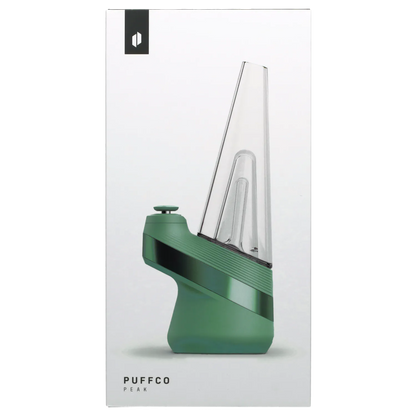 Side profile close-up of the green Puffco New Peak - Pine with its clear angled glass attachment against a white background
