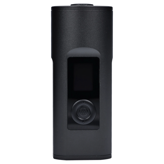 Front view of the Arizer II MAX Vaporizer, a black handheld device with a sleek, minimalist design.