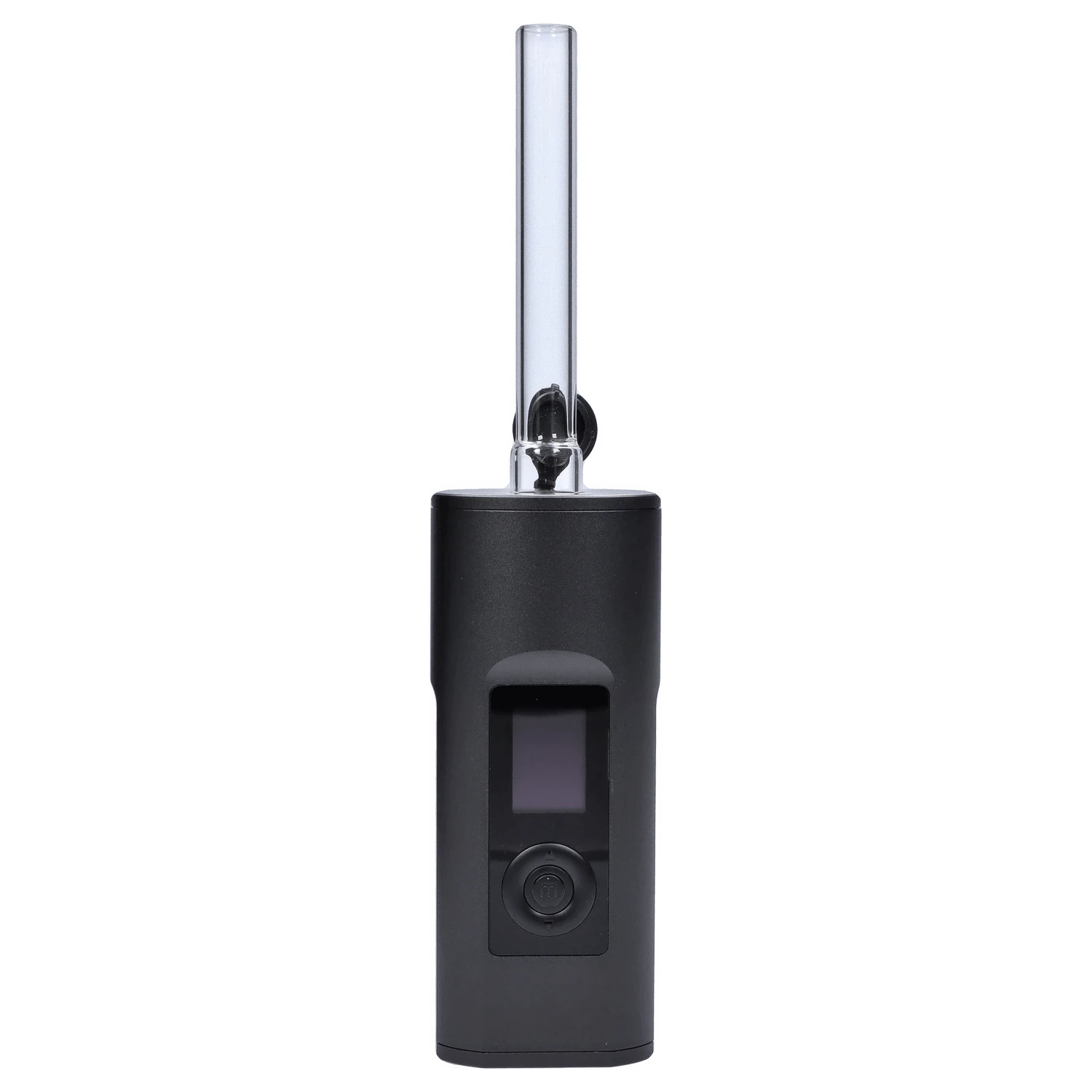 Front view of the Arizer II MAX Vaporizer, a black handheld device with a clear glass stem extending upwards.