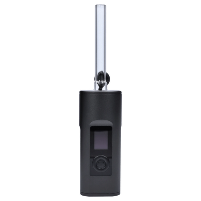 Front view of the Arizer II MAX Vaporizer, a black handheld device with a clear glass stem extending upwards.