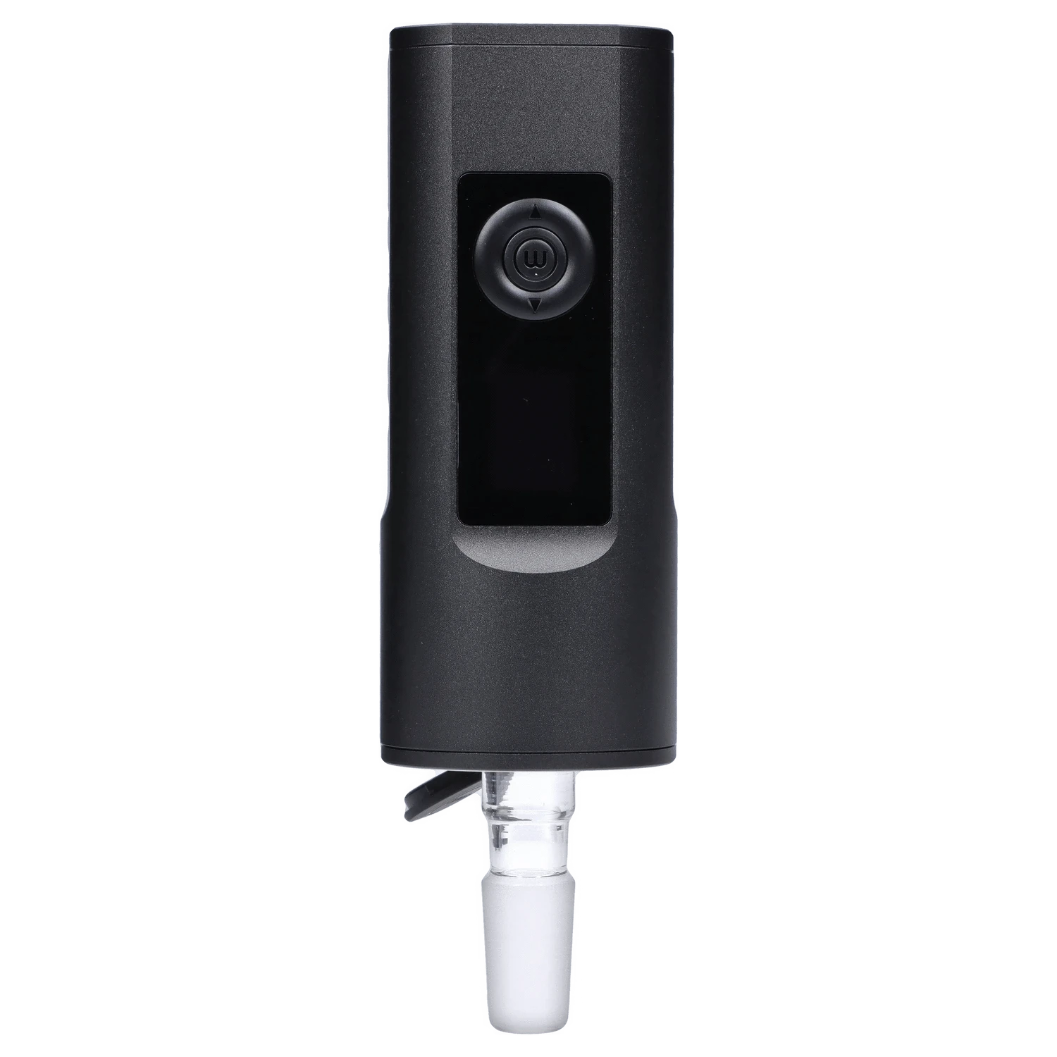 Front view of the Arizer II MAX Vaporizer, a sleek, black handheld device with a clear glass attachment.