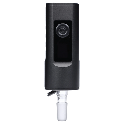 Front view of the Arizer II MAX Vaporizer, a sleek, black handheld device with a clear glass attachment.