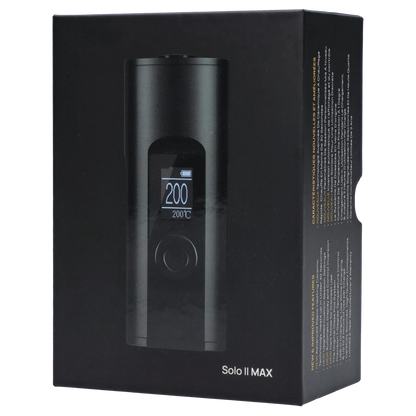 Front view of the Arizer II MAX Vaporizer, displaying a digital screen with a dark background.