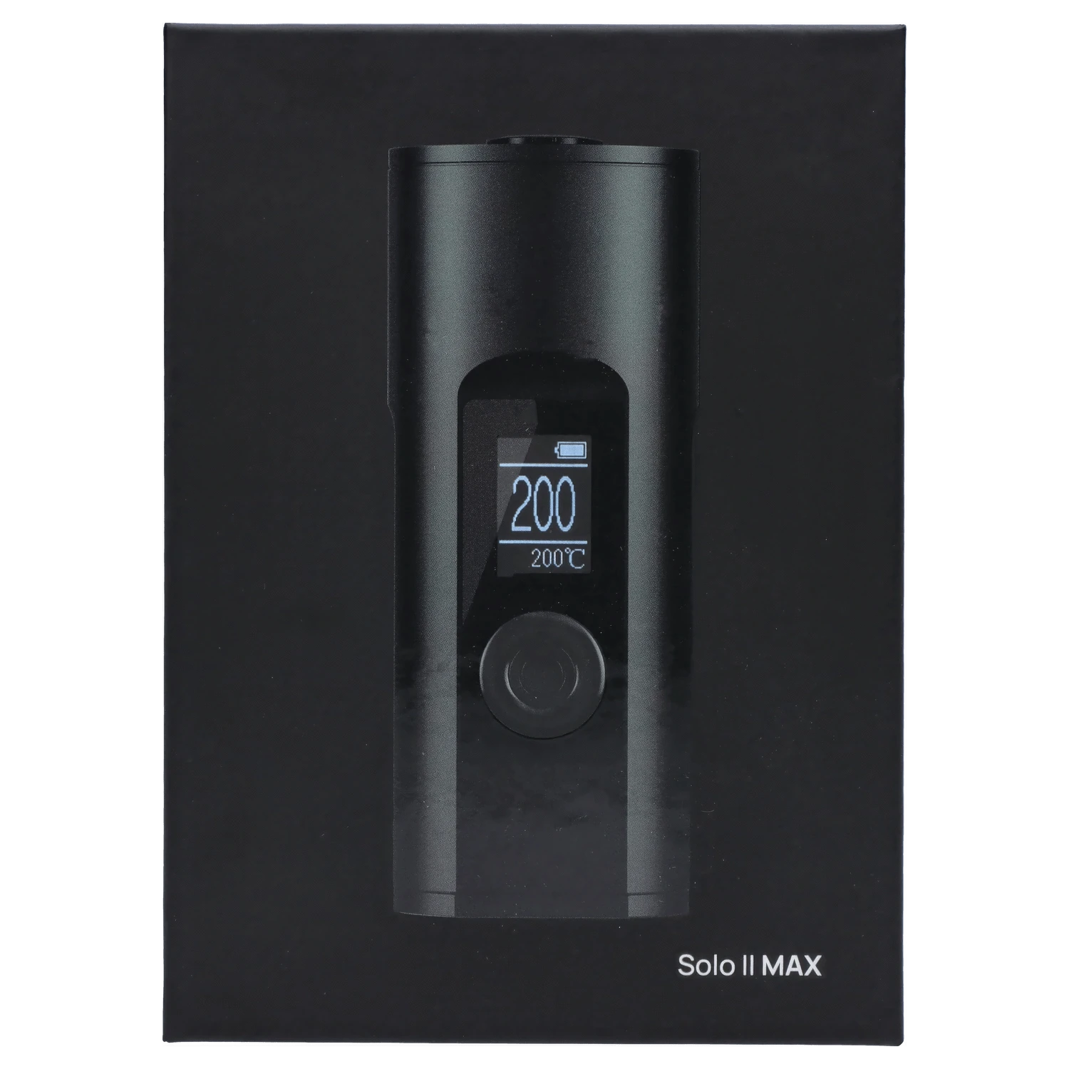 Front view of the Arizer II MAX Vaporizer, displaying a digital screen with a battery indicator on a black background.