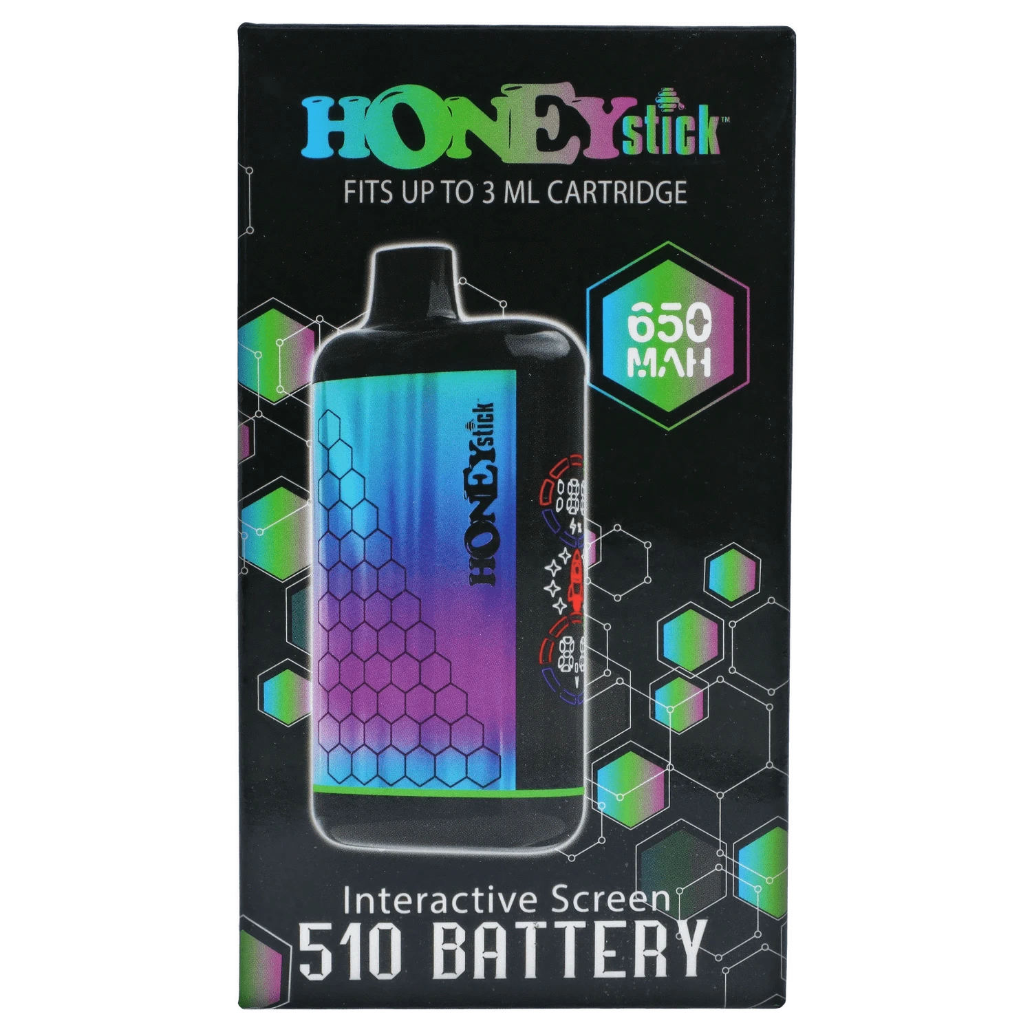 A close-up of the Honeystick Interactive Battery - Rainbow, showing a colorful, cylindrical design with text and branding details.