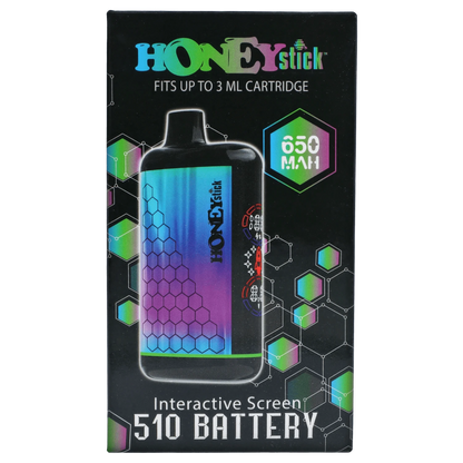 A close-up of the Honeystick Interactive Battery - Rainbow, showing a colorful, cylindrical design with text and branding details.