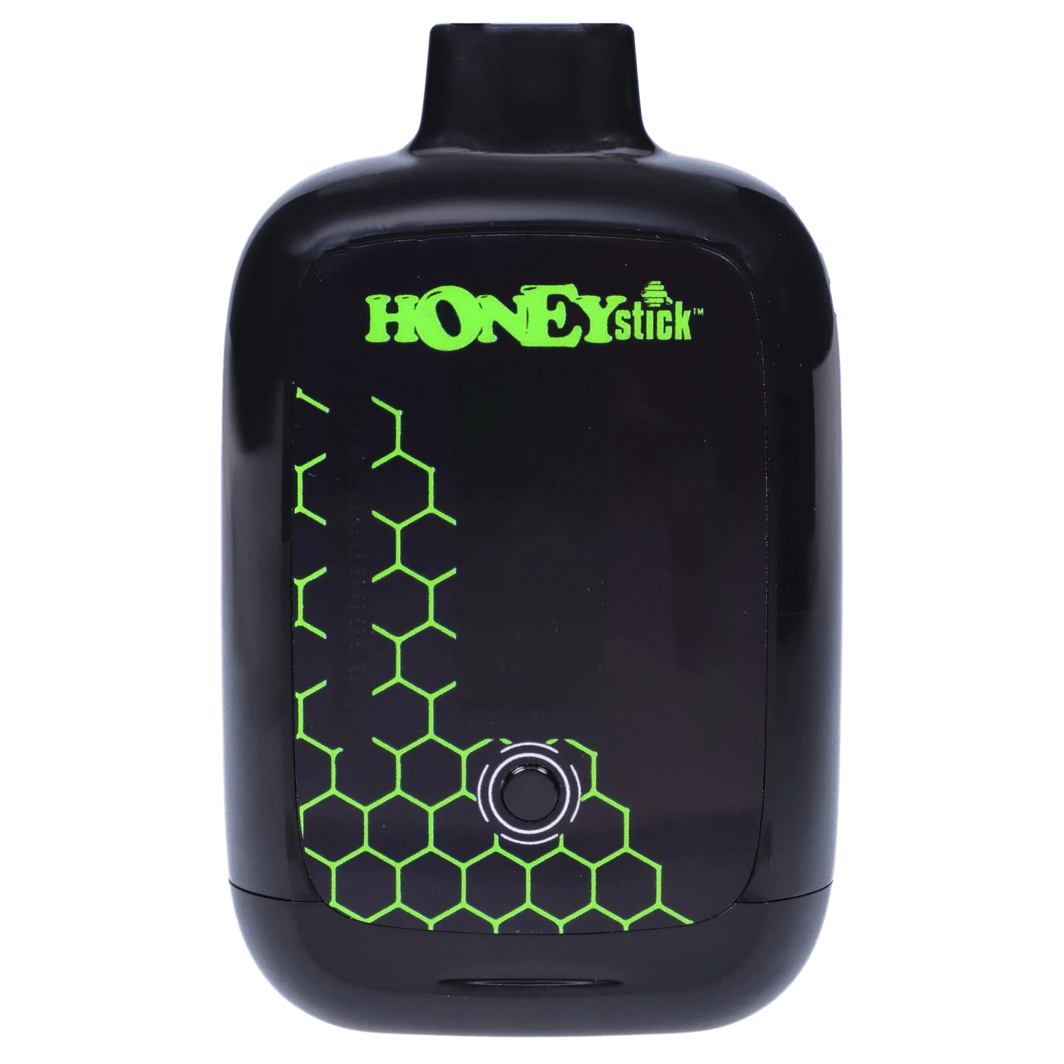 Close-up front view of the glossy black HoneyStick Duo Variable Voltage Plus showing its neon green logo, hexagon pattern and central power button.