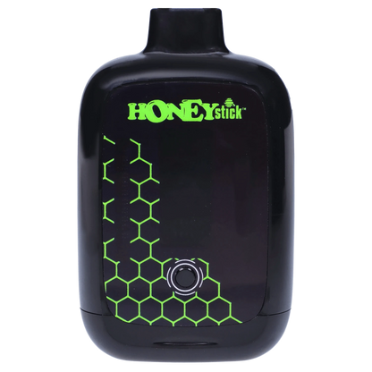 Close-up front view of the glossy black HoneyStick Duo Variable Voltage Plus showing its neon green logo, hexagon pattern and central power button.