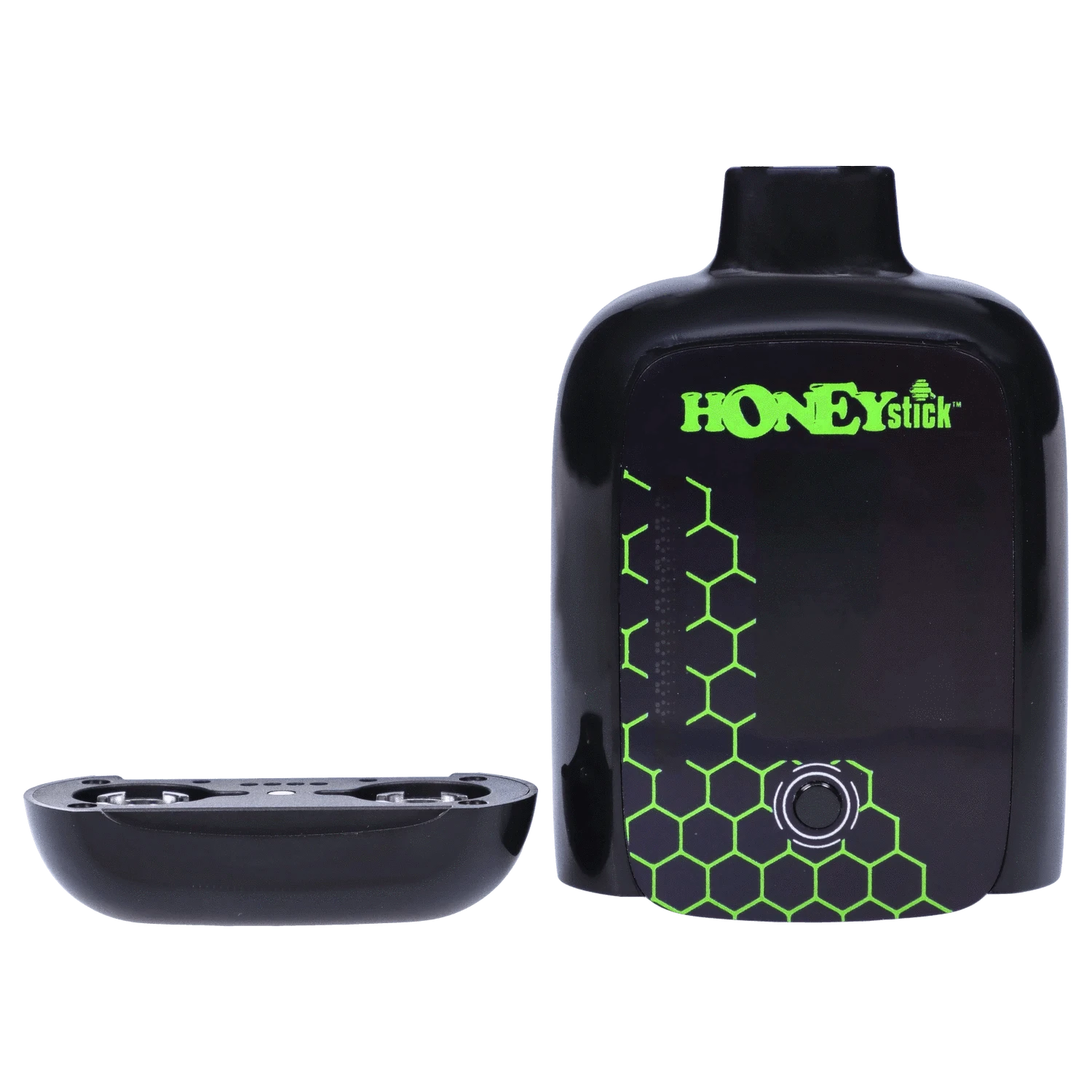 Close-up front view of the black HoneyStick Duo Variable Voltage Plus with neon green honeycomb graphics and its detached bottom tray.