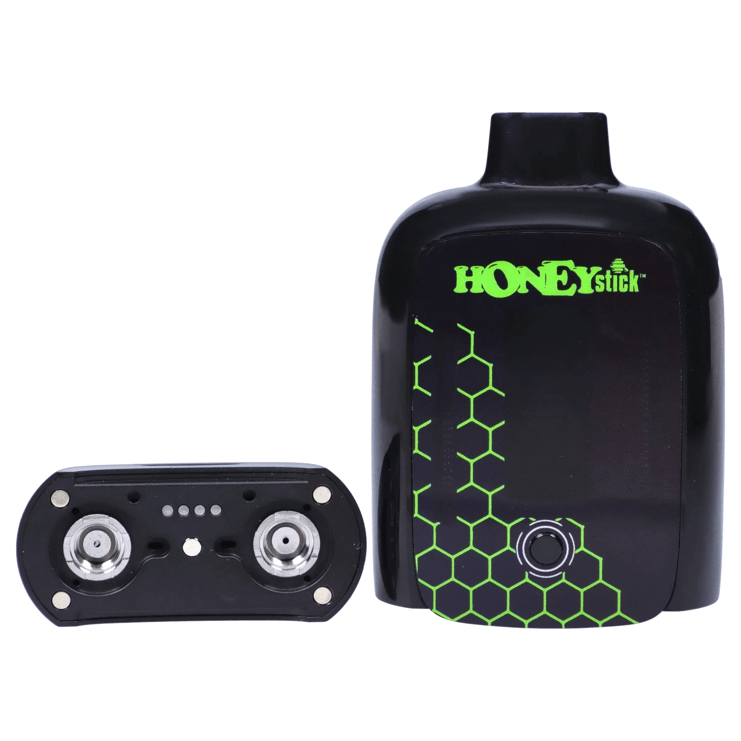 Close-up front view of the black HoneyStick Duo Variable Voltage Plus device with green honeycomb graphics and its magnetic pod shown beside it.