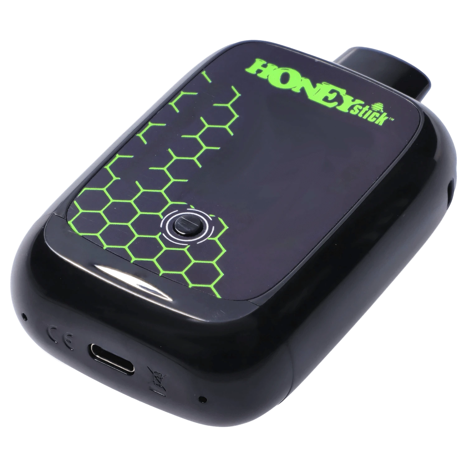 Angled close-up of the glossy black HoneyStick Duo Variable Voltage Plus showing its green honeycomb pattern and single round control button.