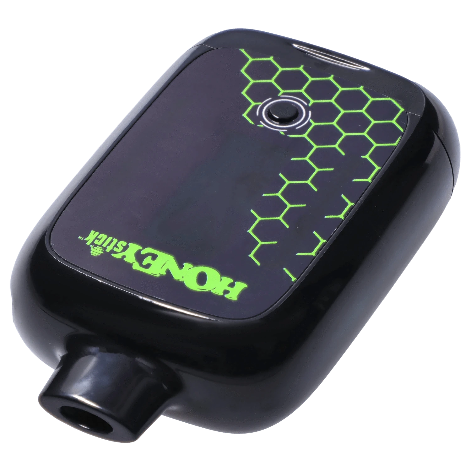 Angled close-up of the black HoneyStick Duo Variable Voltage Plus showing a glossy top panel with neon green honeycomb graphics and center button