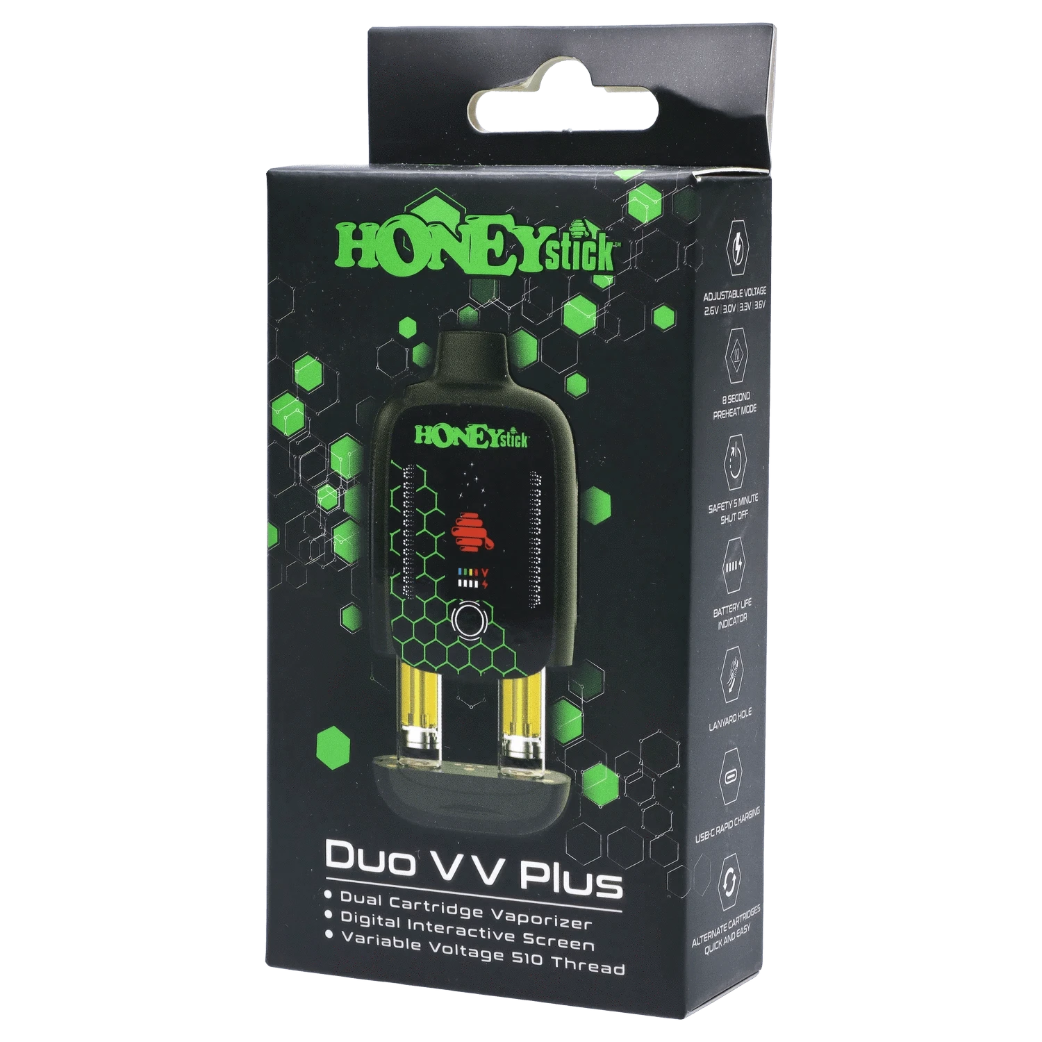 Angled front view of the black and green HoneyStick Duo Variable Voltage Plus boxed unit with twin cartridges pictured.