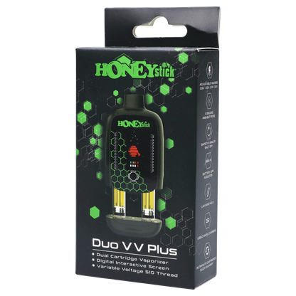 Angled front view of the black and green HoneyStick Duo Variable Voltage Plus boxed unit with twin cartridges pictured.