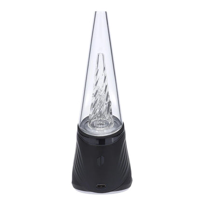 Front view of the Puffco Peak Pro - Black, displaying a clear glass chamber atop a black base with soft, diffused lighting.