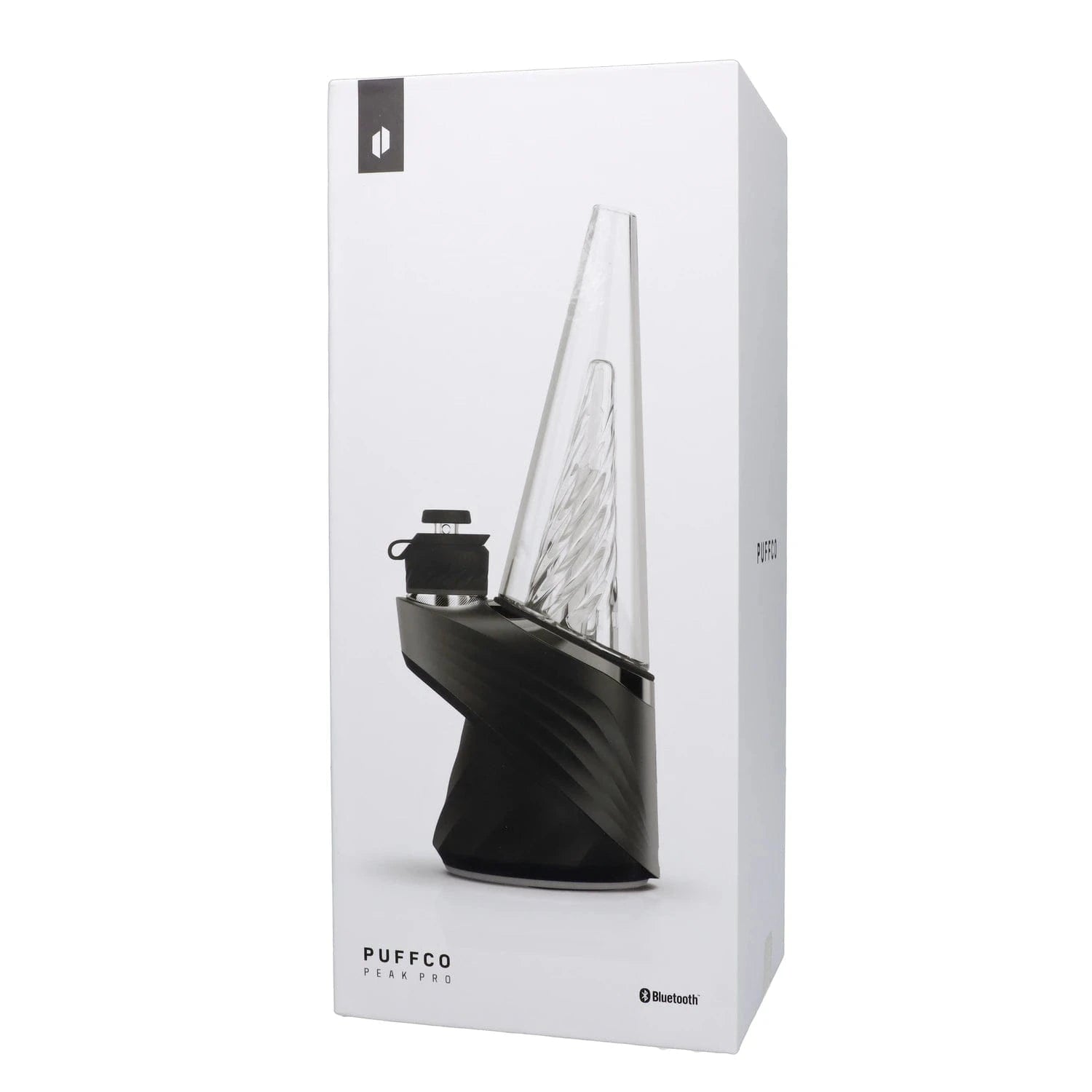 A front view of the black Puffco Peak Pro, showing its sleek, modern design and compact size.