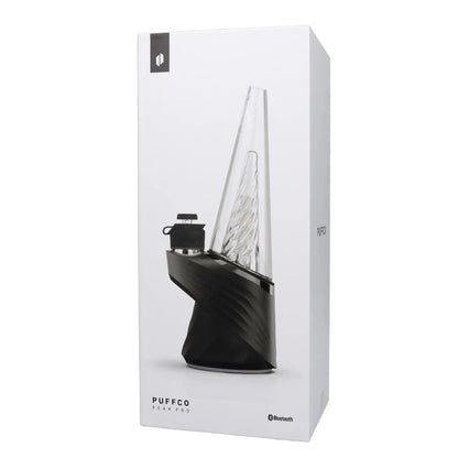 A front view of the black Puffco Peak Pro, showing its sleek, modern design and compact size.