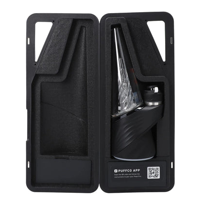 Front view of the black Puffco Peak Pro, showcased inside its molded carrying case with a sleek, minimalist design.