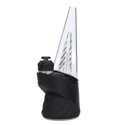 A front view of the black Puffco Peak Pro, showcasing its streamlined design and clear glass top.