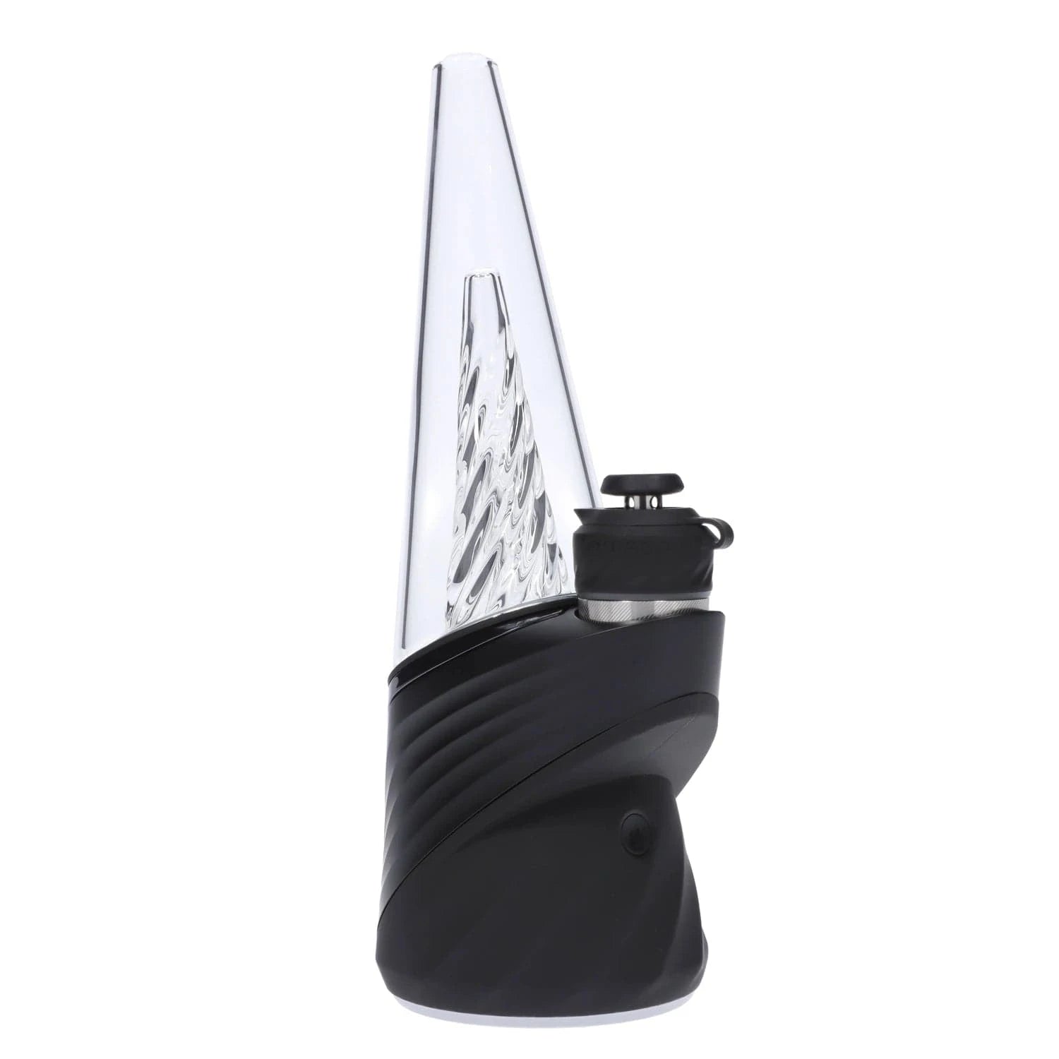 A three-quarter view of the black Puffco Peak Pro, showing its sleek, rounded form and glass attachment.