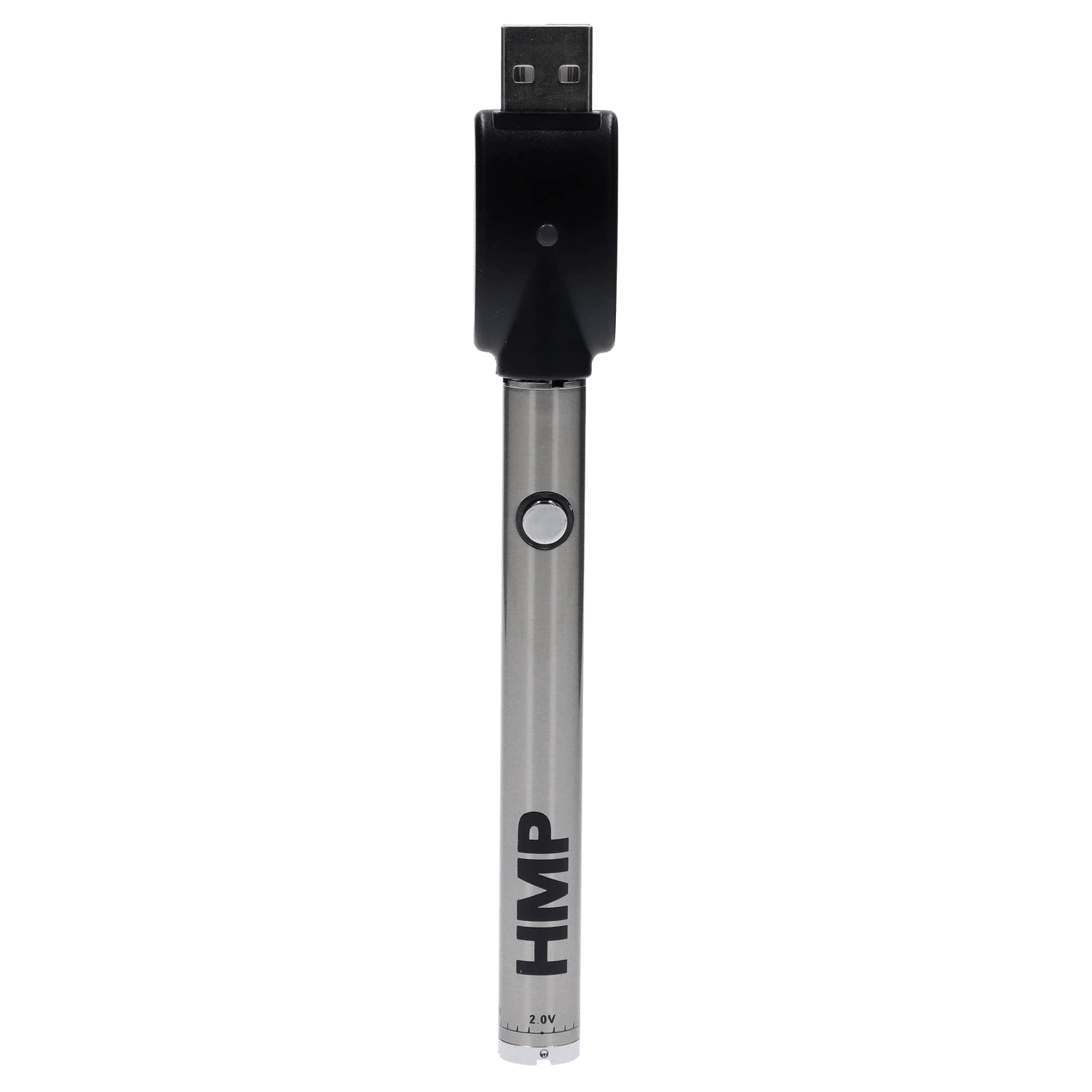 A close-up, angled view of the Honeystick Twist Battery in stainless steel, showing its sleek cylindrical shape.