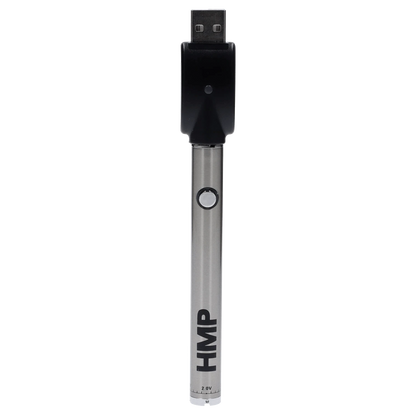 A close-up, angled view of the Honeystick Twist Battery in stainless steel, showing its sleek cylindrical shape.