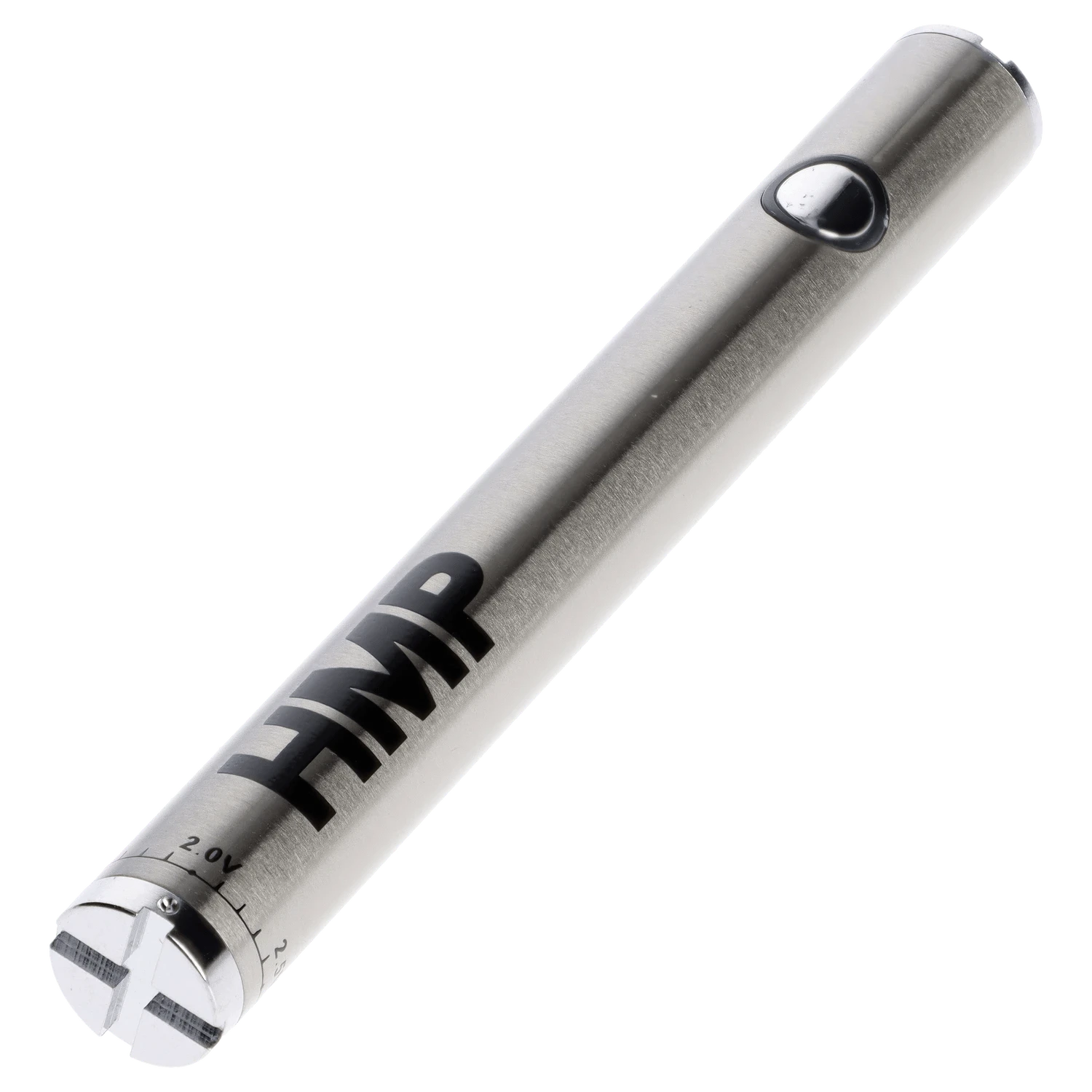 A close-up, angled view of the stainless steel Honeystick Twist Battery, showing its sleek, cylindrical form.