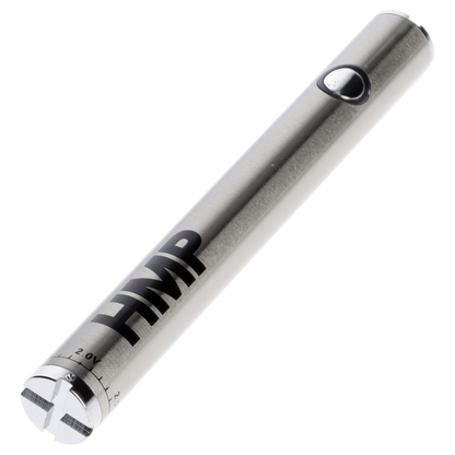 A close-up, angled view of the stainless steel Honeystick Twist Battery, showing its sleek, cylindrical form.