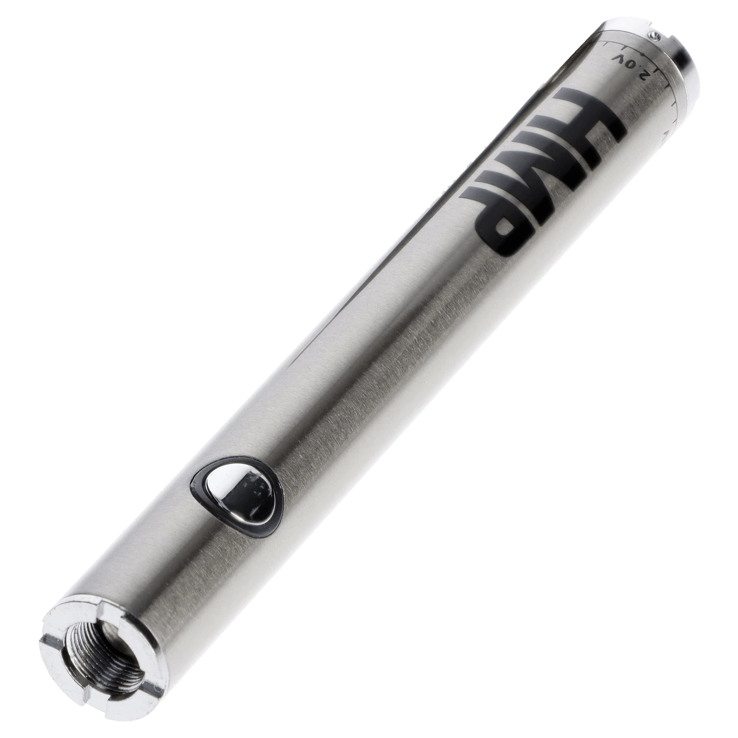 A close-up, angled view of the stainless steel Honeystick Twist Battery, showcasing its sleek cylindrical design.