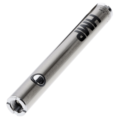 A close-up, angled view of the stainless steel Honeystick Twist Battery, showcasing its sleek cylindrical design.