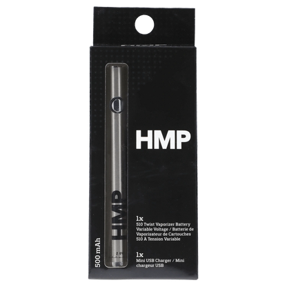 Front view of the Honeystick Twist Battery in stainless steel, displaying a digital readout against a black backdrop.