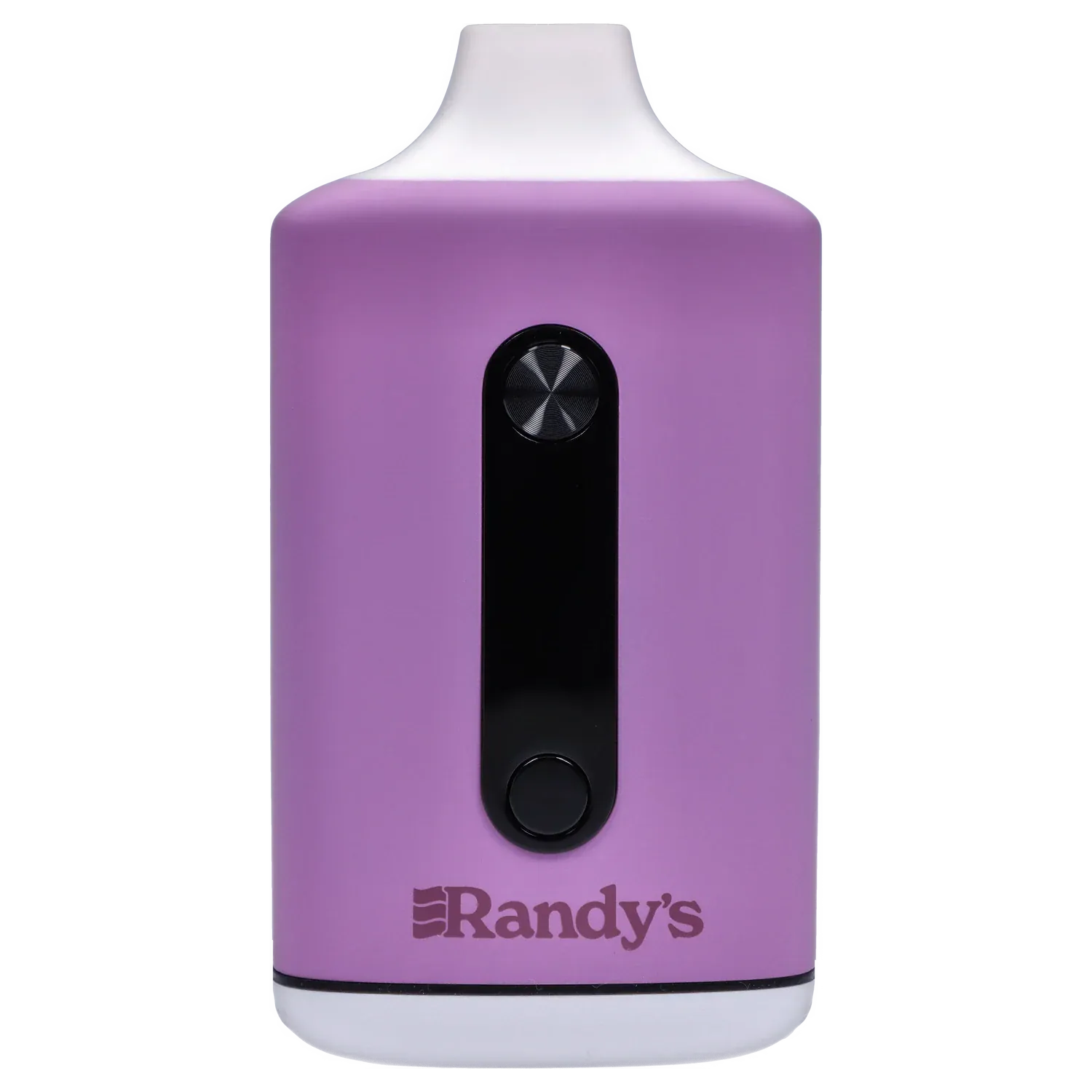 Close-up front view of the lavender purple Randy's Inspo Dual 510 Battery showing its black vertical control strip and logo near the base.