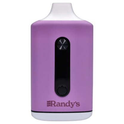 Close-up front view of the lavender purple Randy's Inspo Dual 510 Battery showing its black vertical control strip and logo near the base.