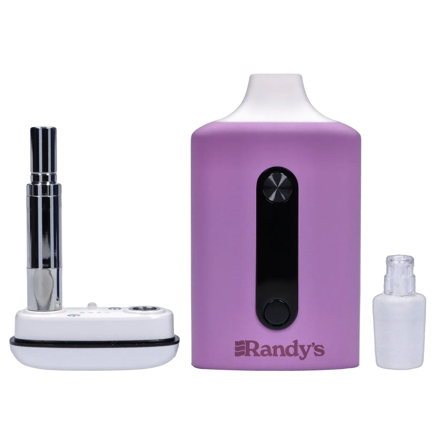 Close-up front view of a lavender unit and accessories showing the Randy's Inspo Dual 510 Battery- Lavender Purple with its black vertical control strip.