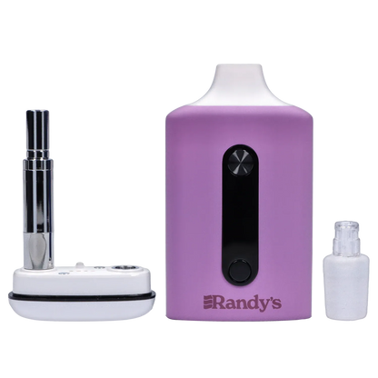 Close-up front view of a lavender unit and accessories showing the Randy's Inspo Dual 510 Battery- Lavender Purple with its black vertical control strip.
