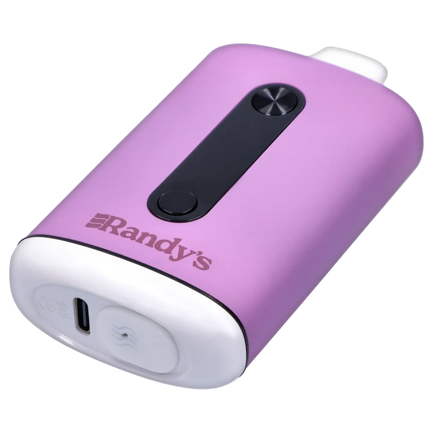 Angled close-up of Randy's Inspo Dual 510 Battery- Lavender Purple showing its lavender curved body, black control strip with two round buttons, and white base.