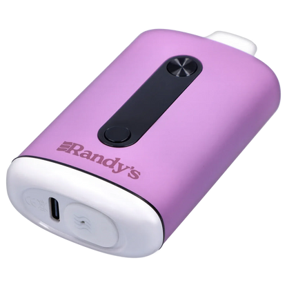Angled close-up of Randy's Inspo Dual 510 Battery- Lavender Purple showing its lavender curved body, black control strip with two round buttons, and white base.