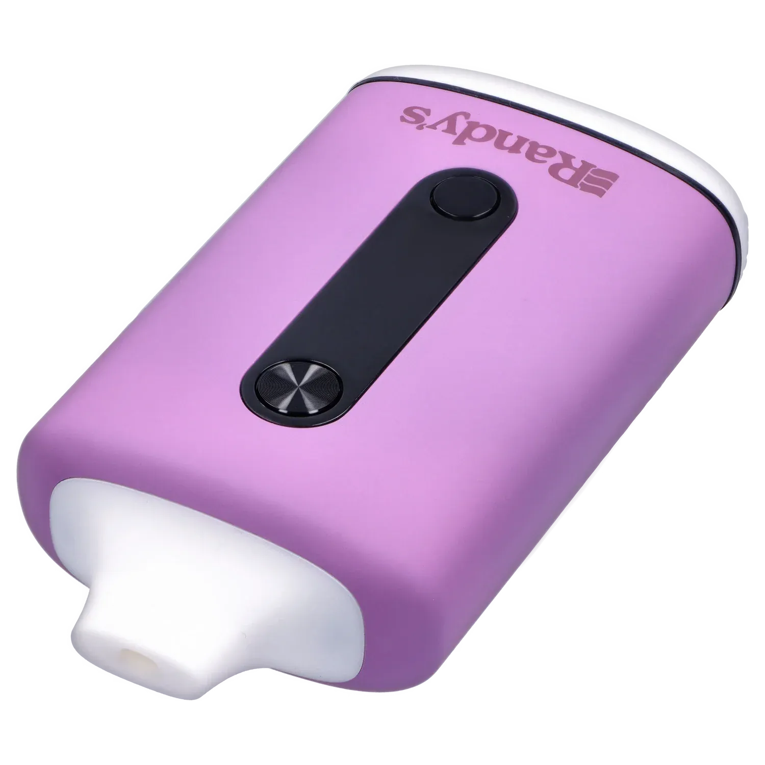 Angled close-up of the lavender purple Randy's Inspo Dual 510 Battery showing its black central control strip and glossy button.