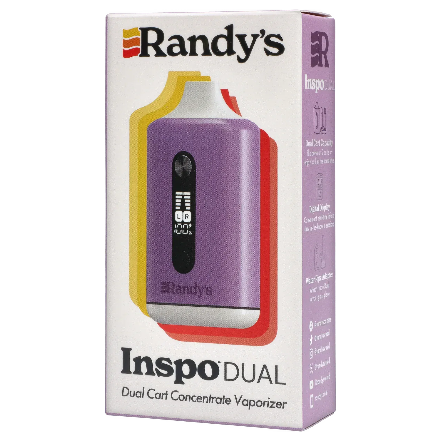 Angled front view of the boxed Randy's Inspo Dual 510 Battery- Lavender Purple showing the purple device illustration, logo and side panel text.