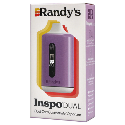 Angled front view of the boxed Randy's Inspo Dual 510 Battery- Lavender Purple showing the purple device illustration, logo and side panel text.